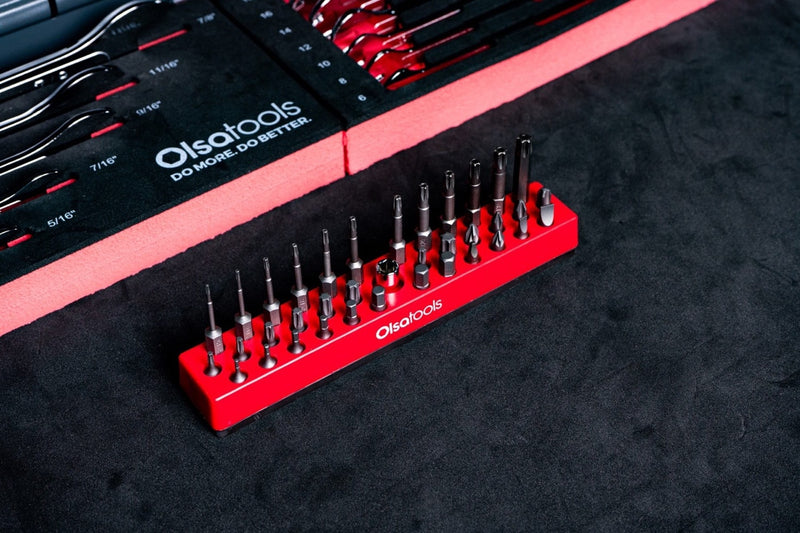Red Olsa Tools quarter-inch hex bit holder organizing 32 hex bits
