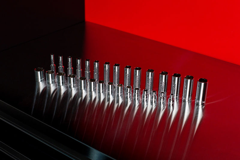 Socket set on display in a workbench