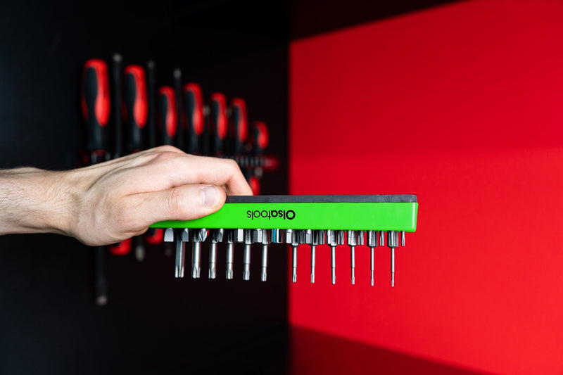Olsa Tools magnetic hex bit organizer being held upside down