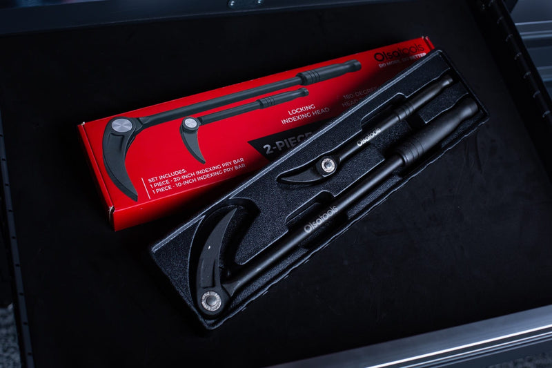 Two indexing head pry bars in a tool box drawer