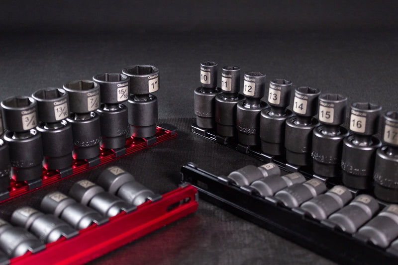 Swivel impact socket sets with an aluminum socket organizer