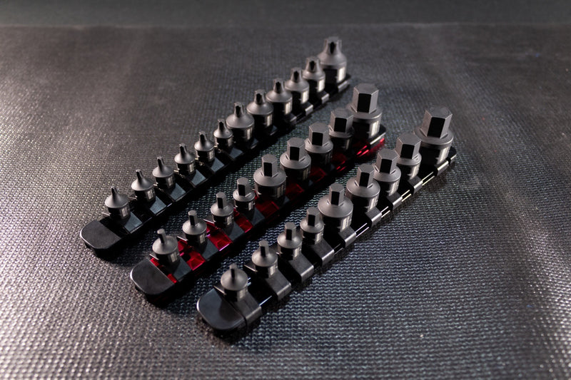 Stubby Impact Bit sets on aluminum socket organizer rails