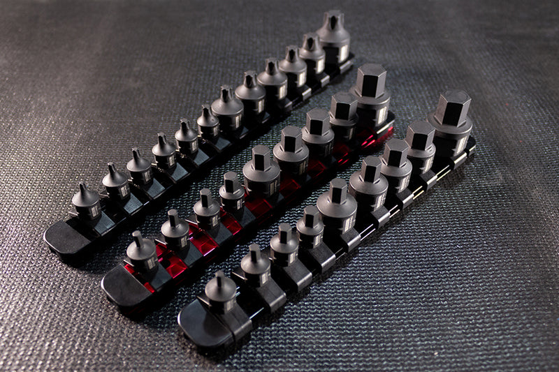 Stubby Impact Bit sets on aluminum socket organizer rails